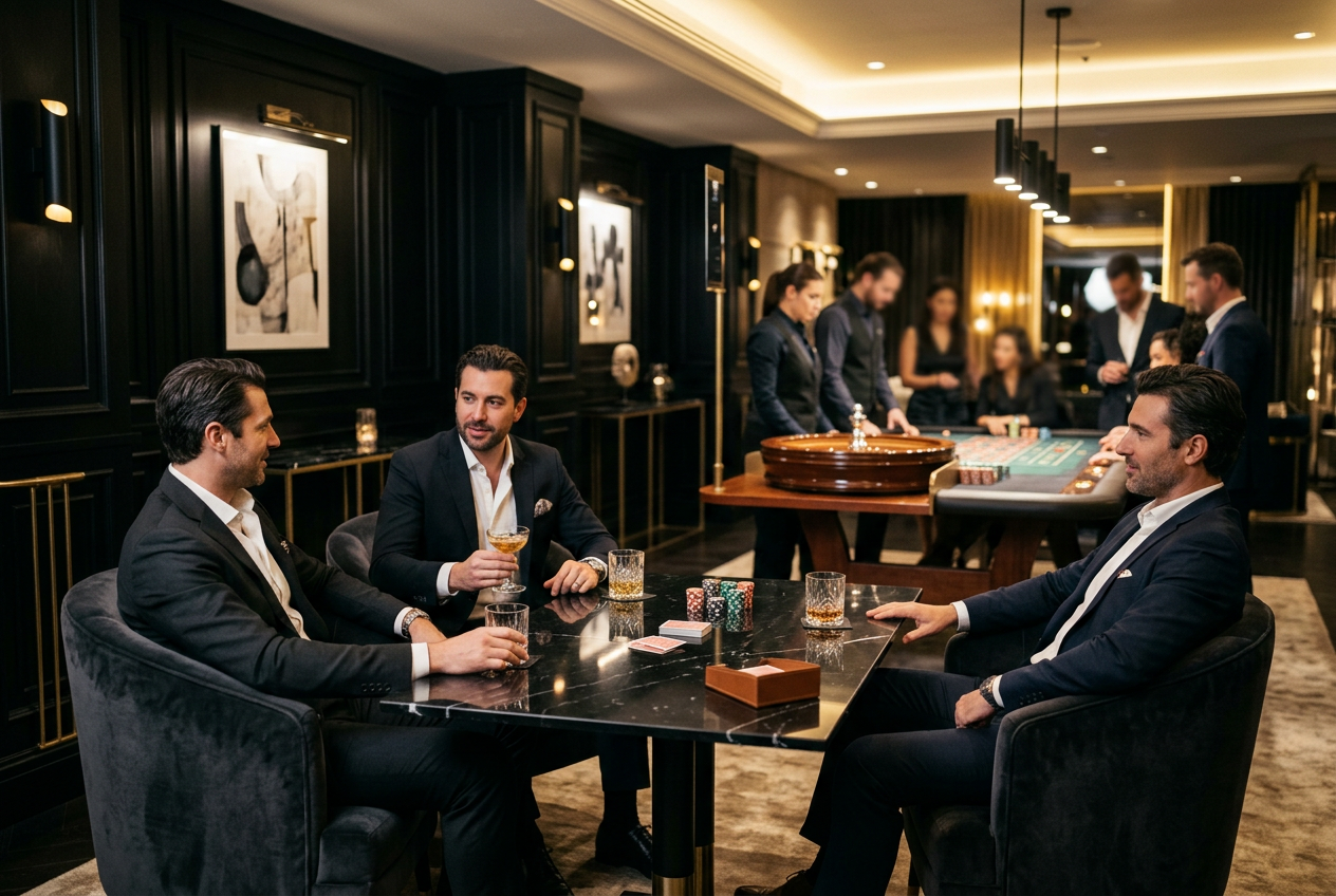 Interior of a luxurious, high-end casino lounge with gold accents.