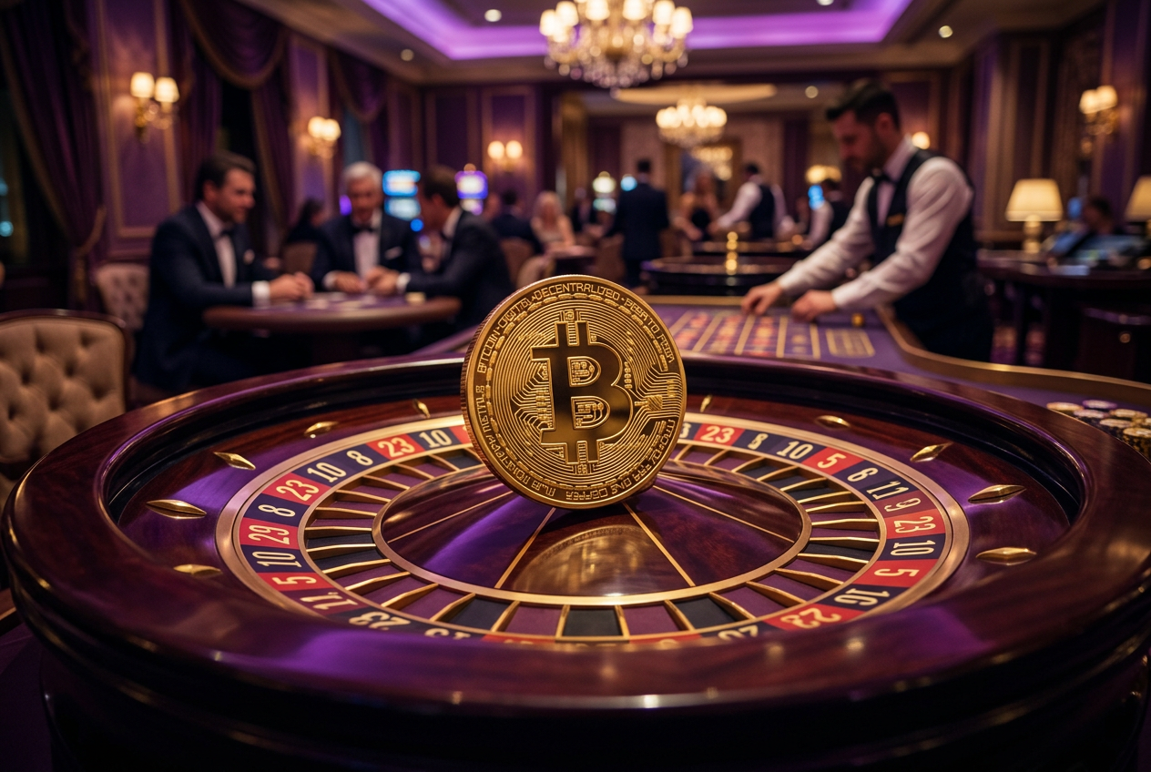 Złota moneta Bitcoin na luksusowym kole ruletki w eleganckim kasynie.