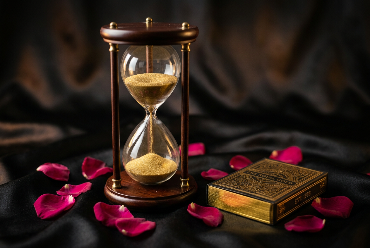 A luxury hourglass and playing cards with rose petals.